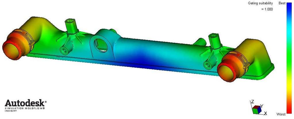 60 Předpokládané umístění vtokového ústí V programu Autodesk Moldflow byla spuštěna analýza umístění vtokového ústí (Gate Location).