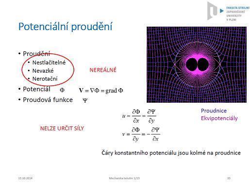 Výpočet potenciálu pochází z prvních dvou podmínek potenciálního proudění a to, že je nerotační a