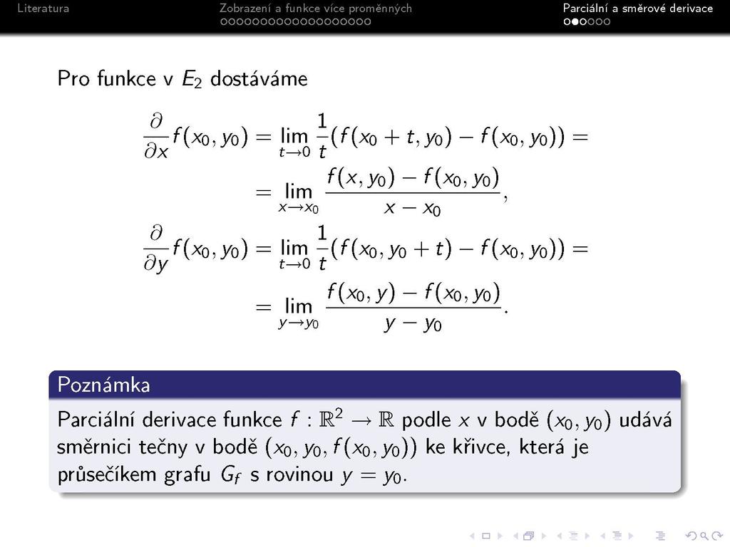 s - Pro funkce v E2 dostáváme d 1 -řrf{xo,yo) = II^TÍ^ + ř >yo) - f{*o,yo)) f(x,yo) - f(xo,yo) lim X^XQ 9 1 ^-f(*o,yo) = \\m-(f(xo,y 0 lim x-x 0 + ř) - r(x 0,yo)) f(*o,y) -