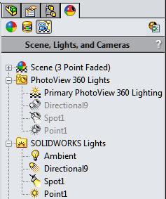 Zobrazení modelu Osvětlení pro aplikaci PhotoView 360 a SOLIDWORKS Ovládací prvky, které používáte pro úpravu osvětlení v softwaru SOLIDWORKS a PhotoView 360, byly znovu navrženy tak, aby objasňovaly