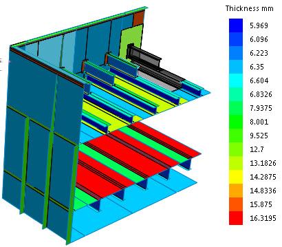 SOLIDWORKS Simulation Vykreslení těl skořepin podle jejich tloušťky (model poskytla společnost Grantec Engineering Consultants, Inc.