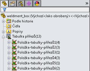 Pokud chcete generovat názvy složek z vlastnosti POPIS u svarů vytvořených v předchozích verzích softwaru SOLIDWORKS, nastavte možnost Přejmenovat složky tabulky přířezů hodnotou vlastnosti Popis.
