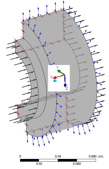 Obr.23 Proudnice v testovacím modelu Na obr.23 je vidět průběh proudících čar pro finální nastavení vstupní rychlosti. Ta je definována 3-mi sloţkami v cylindrickém souřadném systému.