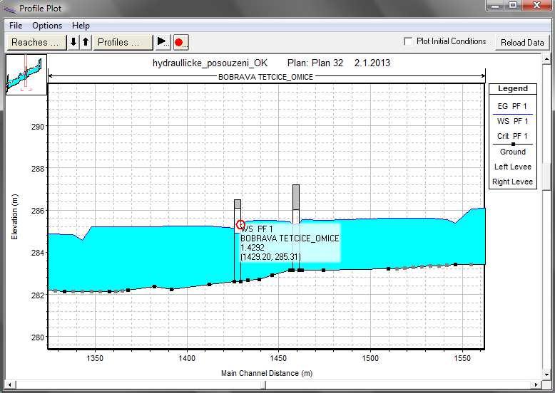 Obr. 11-5Rozhraní Profile Plot, průběh Q 100 před úpravou koryta