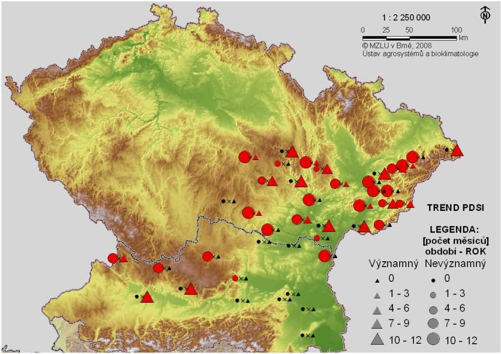 Počet měsíců v období I-XII s kladným trendem PDSI v letech 1961-2006