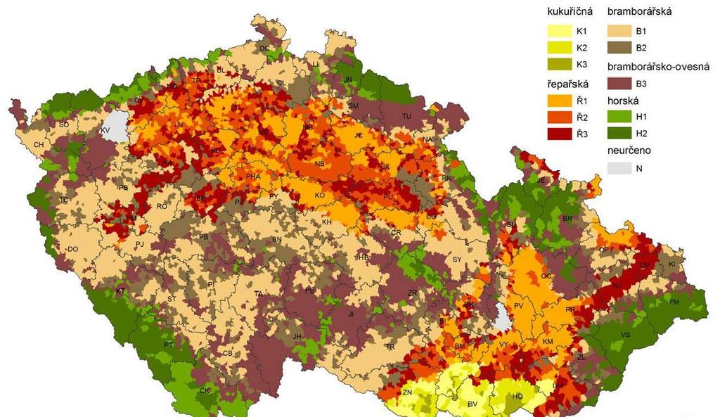 výrobní oblast bramborářská (s označením B), typ bramborářsko-obilnářský, která se člení na podoblasti B1, B2 a B3 výrobní oblast horská (s označením H), typ pícninářský s rozhodujícím zaměřením na