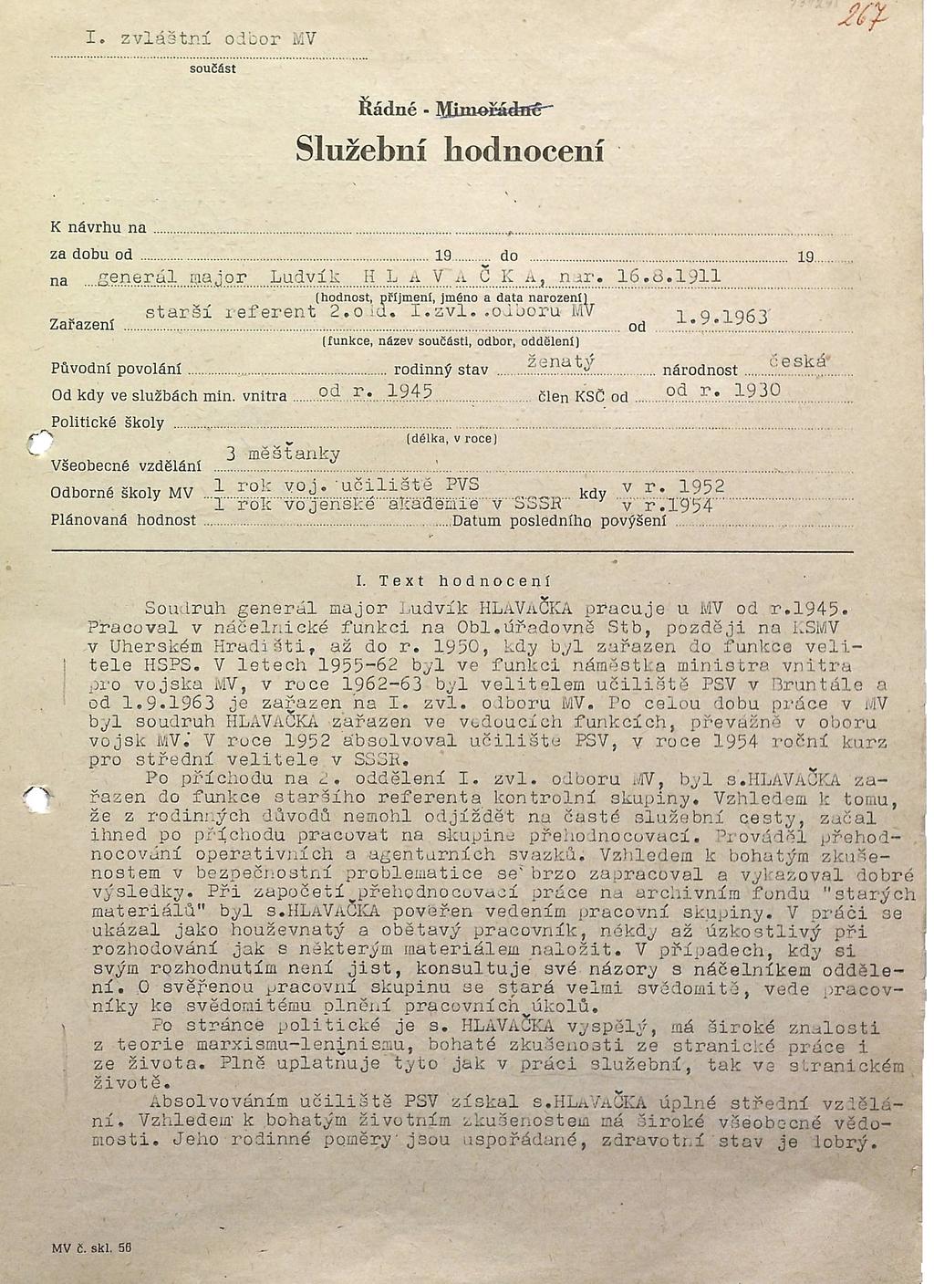 Dokument 2: Služební hodnocení Ludvíka Hlavačky z roku 1964 1/2 3 ABS, Fond Personální spisy