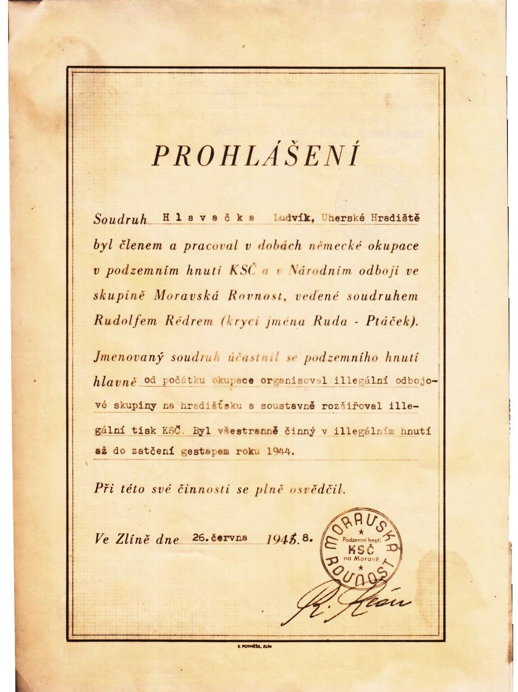 Dokument 4: Potvrzení o odbojové činnosti od Moravské rovnosti VÚA-VHA VÚA-VHA, Sbírka 255,