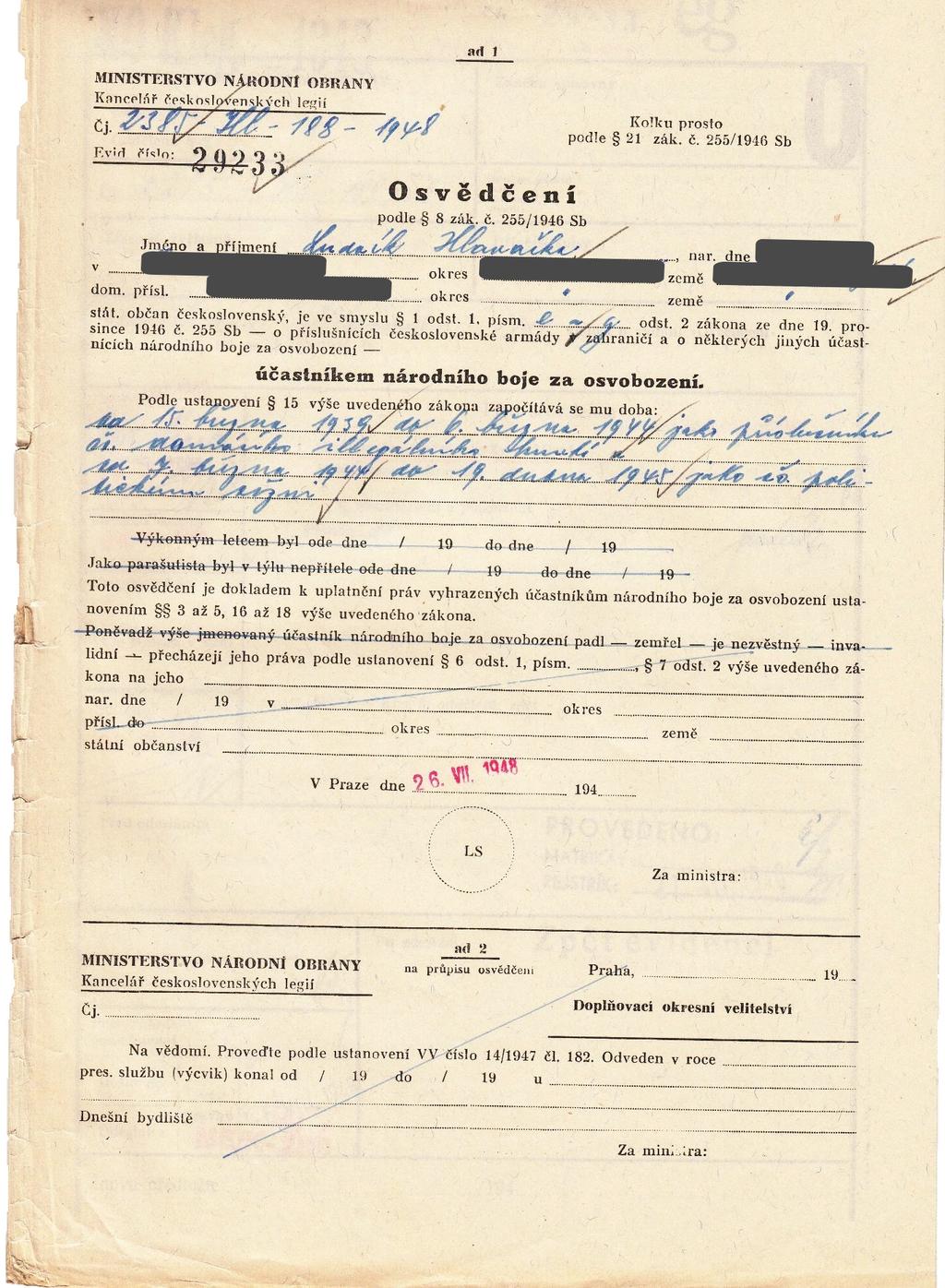 Dokument 5: Osvědčení účastníka národního boje za osvobození vydané MNO 7 1948.