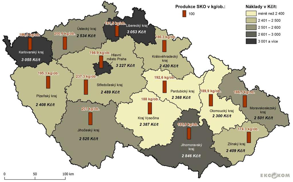 Obrázek 3: Náklady na SKO v krajích ČR v r. 2015 Zdroj: EKO-KOM, a.s.