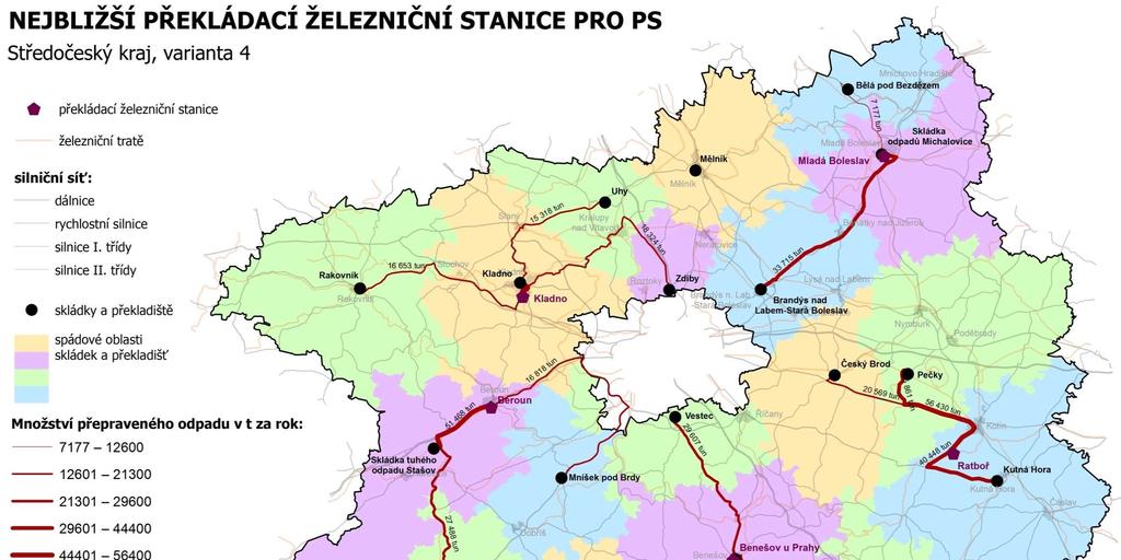 Obrázek 7: Uzly pro překládku na železnici Zdroj: Studie Překládací stanice, Středočeský kraj, 2014 V případě navážky odpadů z okresů Litoměřice, Česká Lípa (viz kap. 2.2) se předpokládá pro účely výpočtu přeprava s využitím pouze silniční dopravy.