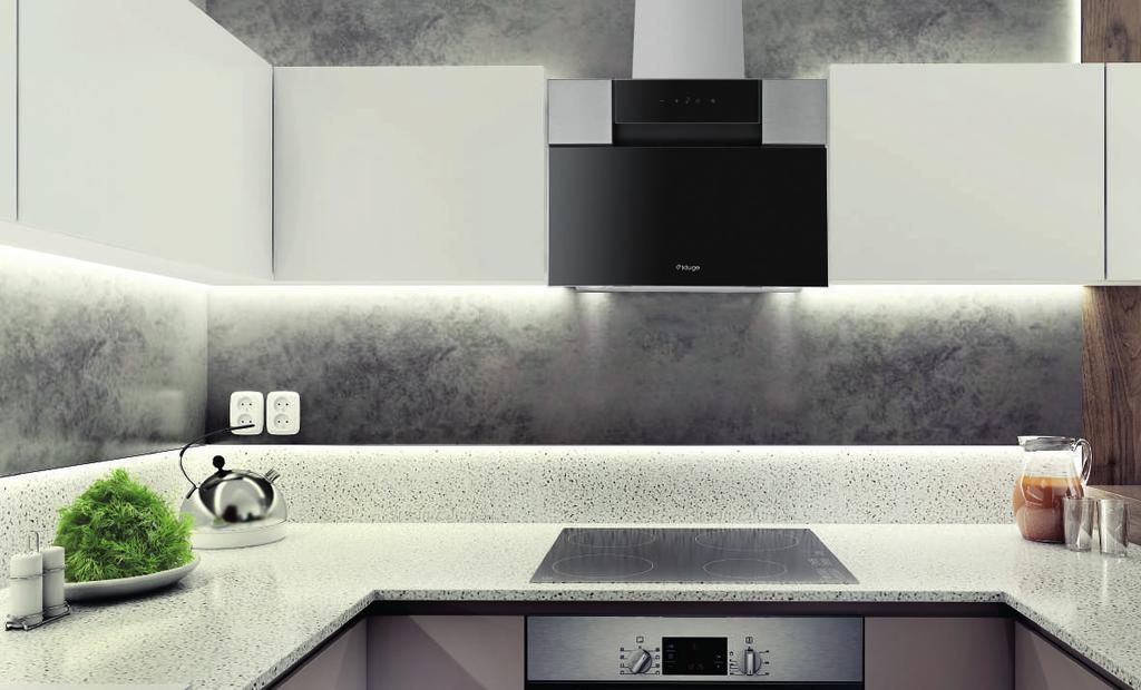 ODSAVAČE KLUGE JSOU TICHÉ, VÝKONNÉ a všechny modely jsou vybaveny úsporným a účinným LED osvětlením SCHÉMATA PRO VESTAVBU NA WWW.KLUGECR.CZ KMS6020BLG Komínový odsavač široký s černým sklem Max.