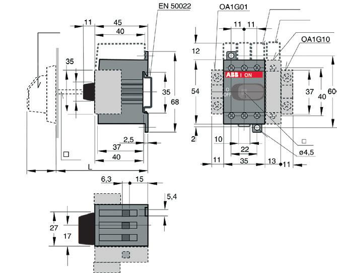 ODPÍNČE PŘEPÍNČE SWITCHLINE OT, 1 1 (10 ) 9 Odpínače průmyslové OT1 1F3 Montáž na základní desku nebo DIN