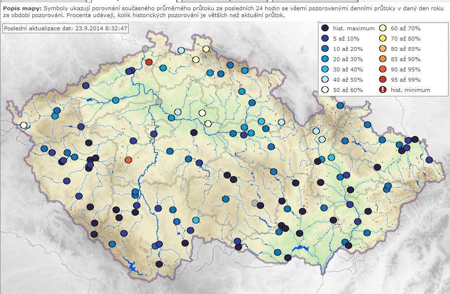 Při srovnání aktuálních denních průtokových hodnot s dlouhodobými historickými údaji pro daný den jsou nejblíže historickým minimům průtoky horní Litavky v Čenkově a dolní Ploučnice v Benešově n. P. (viz následující mapa).