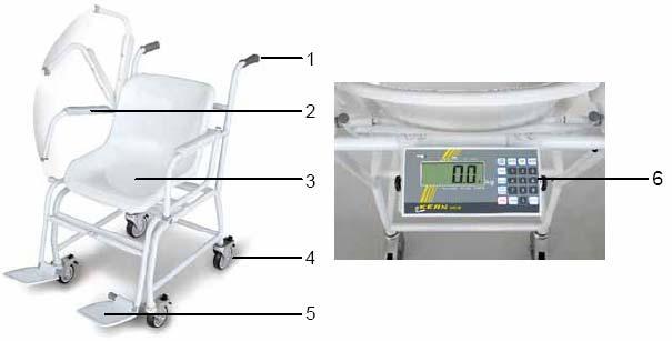 5 Přehledný popis přístroje Sedací váha MCB 1. Rukojeti 2. Skládací loketní opěrky 3.