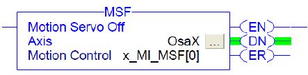 4.3.2.7 MSF Motion Servo Off uvede osu do vypnutého stavu, osa setrvává v tomto stavu, dokud není opět zavolána instrukce MSO. Parametry i výstupy instrukce jsou stejné jako u předchozích. Obrázek 4.