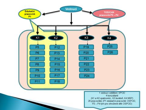 Organizační uspořádání oddělení SPOD v průběhu roku 2019: Tým oddělení SPOD je v roce 2019 doplněn o pozici - pracovník pro edukaci rodičů o jejich rodičovské odpovědnosti s důrazem na zajištění