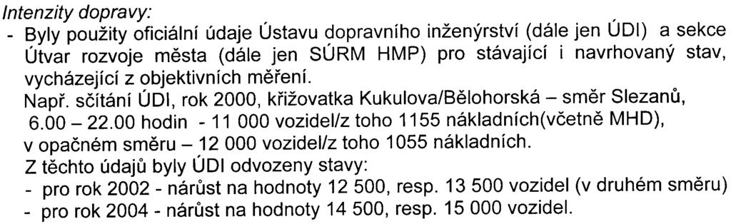 Intenzity dopravy: - Byly použity oficiální údaje Ústavu dopravního inženýrství (dále jen ÚDI) a sekce Útvar rozvoje mìsta (dále jen SÚRM HMP) pro stávající i navrhovaný stav, vycházející z