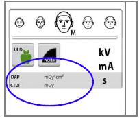Kontrola DAP a CTDI hodnoty: Odhadovaná hodnota pro DAP (Dose Area Product) a CTDI (Computed Tomography Dose Index) je zobrazena černým textem na obrazovce před expozicí.