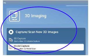 9. Zvolte 3D Imaging > Model Capture. 11 3D SNÍMKOVÁNÍ MODELŮ 10. V okně, které se otevře, nejdřív vyberte materiál, který byl exponován.