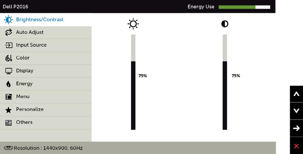 Ikona Nabídka a podnabídky Popis Jas / Kontrast Tuto nabídku použijte k aktivaci pro úpravu jasu nebo kontrastu. Jas Volba Jas slouží k nastavení luminance podsvícení (minimum 0; maximum 100).