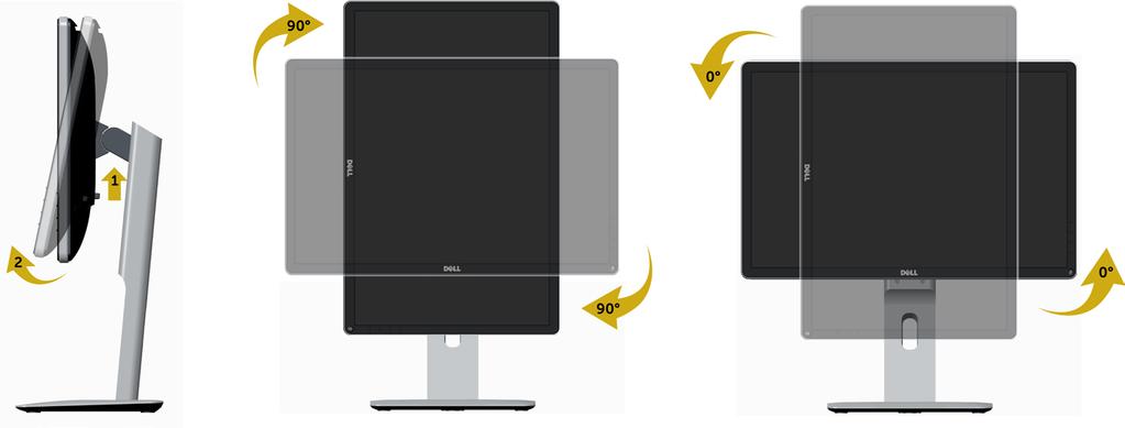 Otočení monitoru Před otočením monitoru byste měli zcela vysunout podstavec (Nastavení výšky) a naklonit monitor (Naklonění) co nejvíc nahoru, aby nedošlo k nárazu spodního okraje monitoru.