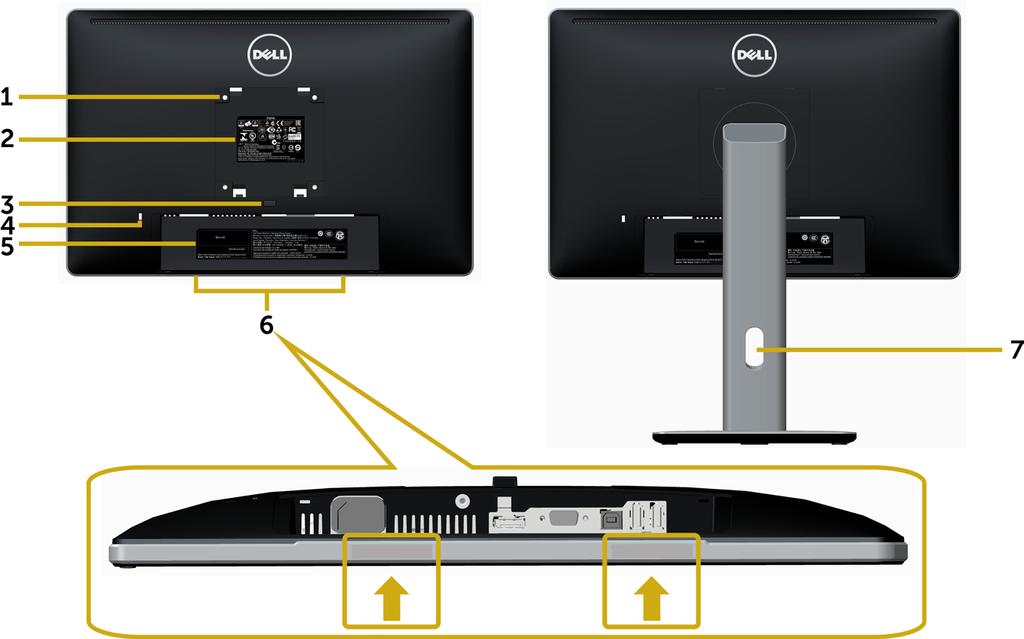 Pohled zezadu Štítek Popis Použití 1 Montážní otvory VESA 100 mm x 100 mm (pod krytem VESA) Připevněte monitor na stěnu pomocí sady držáku na stěnu standardu VESA (100 mm x 100 mm).