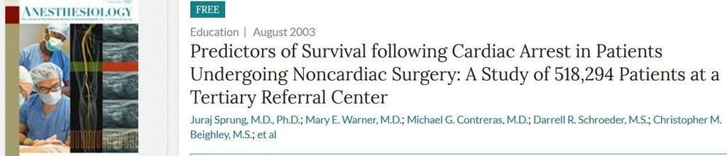 Perioperační zástava oběhu Studie American Society of Anesthesiologists v období 1990-2000 Incidence zástavy oběhu způsobená samotnou