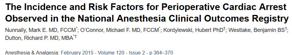 Perioperační (intraprocedure and postanesthesia care) zástava oběhu a úmrtí v období 2010-2013 Celkem 1 692 472 pacientů, zástava u 951, přeživší 361, úmrtí 555 Incidence perioerační zástavy 5,6 na