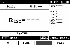 3.6 Měření izolačního odporu VAROVÁNÍ: Testovaný objekt nesmí být pod napětím. Přítomnost všech napětí zkoušeného objektu je zakázáno. 3.6.1 Měření dvoužilových kabelů Nastavte otočný přepínač do polohy R ISO.