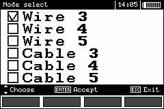 Stiskněte tlačítko F3 MODE, přejděte na volbu typu kabelu (3, 4 nebo 5 vodičů).