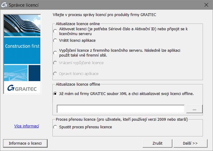 Pokud je informace v souboru.xml správná, bude Vám zaslán e-mailem nezbytný soubor.xml. Po přijetí opravené licence spusťte Správce licencí a proveďte následující kroky: 1.