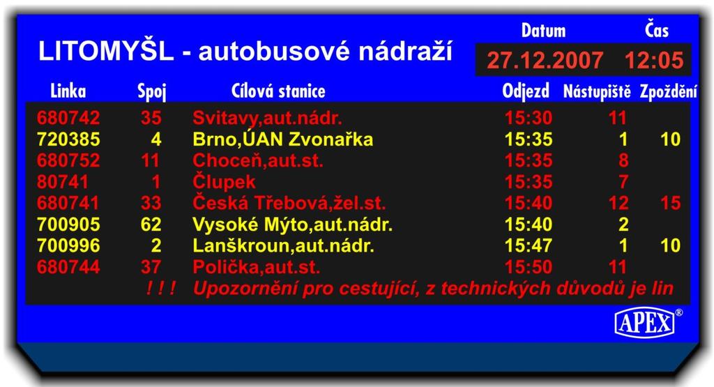 plně grafický mnohobarevný LED displej řádek s pohyblivým a snadno editovatelným textem * zobrazuje se číslo linky, spoj, směr jízdy, pravidelný odjezd, označení nástupiště a případně i zpoždění