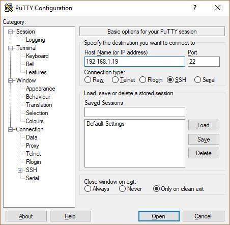 P o spuštění putty.exe se nám otevře následující okno, do kterého vyplníme zjištěnou IP a dresu : Spuštění programu putty.