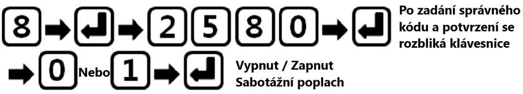 Zapnutí / vypnutí sabotážního alarmu Stiskněte tlačítko 8 a následně stiskněte potvrzovací tlačítko OK