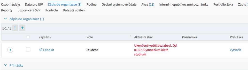 11) Rozklikneme zápis do organizace, ke kterému potřebujeme přidat nový stav Absolvent jde o stav, který jsme ukončili k 1.7.