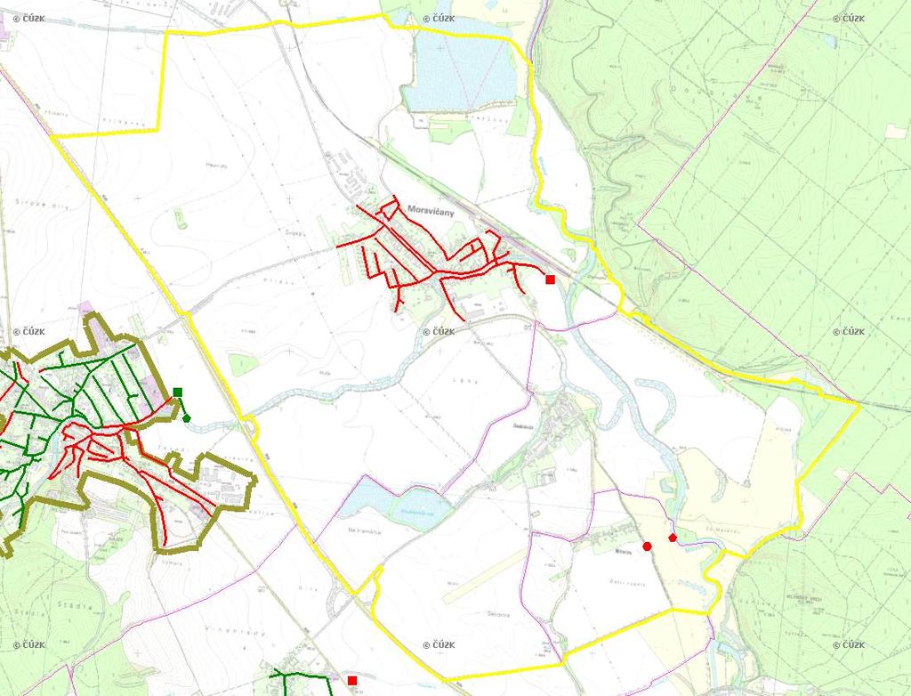 E. KANALIZACE A ČOV Mapa E1: Kanalizace - rozvody v obci Trasování sítí, lokalizace ČOV, čerpací stanice (ČS), výústě Obec: Moravičany Legenda: Kanalizace: Ochranné pásmo: Vyústění: do 2015 po 2015 I