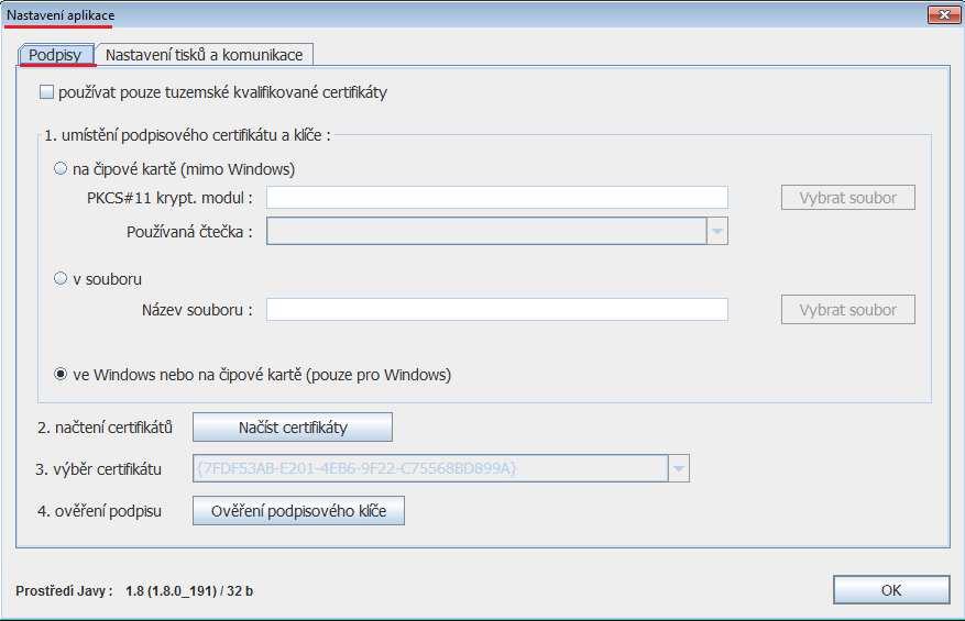 Spuštění aplikace JRF Zobrazí se okno Nastavení aplikace - nastavení podpisů a výběr certifikátu se provede na záložce <Podpisy>.
