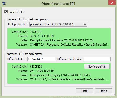 NASTAVENÍ PRO TESTOVACÍ PROVOZ Lze vybrat, který testovací (Playground) certifikát se má pro testování použít, certifikáty poskytnuté k tomuto účelu FS jsou přibalené v aplikaci, stačí vybrat, zda