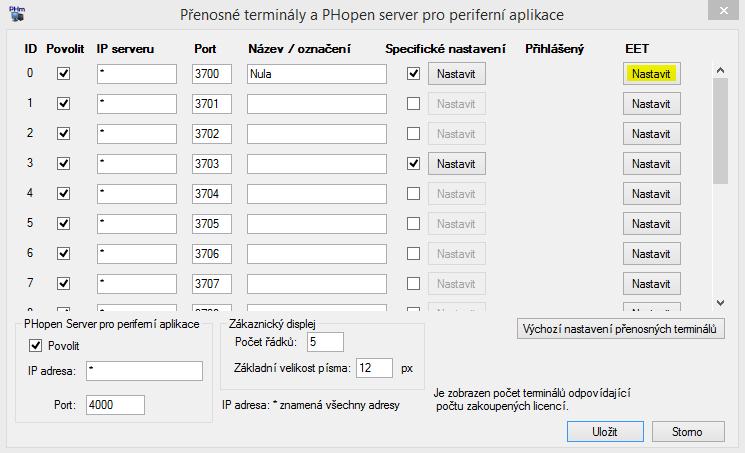 NASTAVENÍ PRO KAŽDÝ TERMINÁL Zde se nastavuje, zda se u daného terminálu EET eviduje, zda použít pro tento terminal testovací režim.