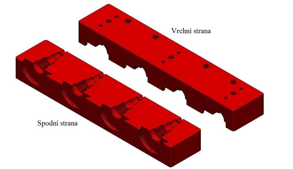 KONSTRUKČNÍ ŘEŠENÍ 5.3 Tvarové vložky Součástí horní tvarové desky budou také dvě horní tvarové vložky (viz obr. 5-4). Jejich správnou polohu zajistí tři kolíky a šest šroubů v každé z nich.
