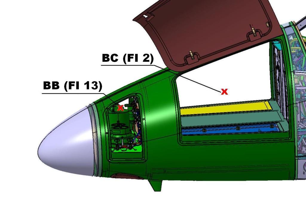 První měřená sonda elektrického pole FI2 je umístěna ve středu zavazadlového prostoru mezi druhou a třetí přepážkou, nad Avionic Bay II.
