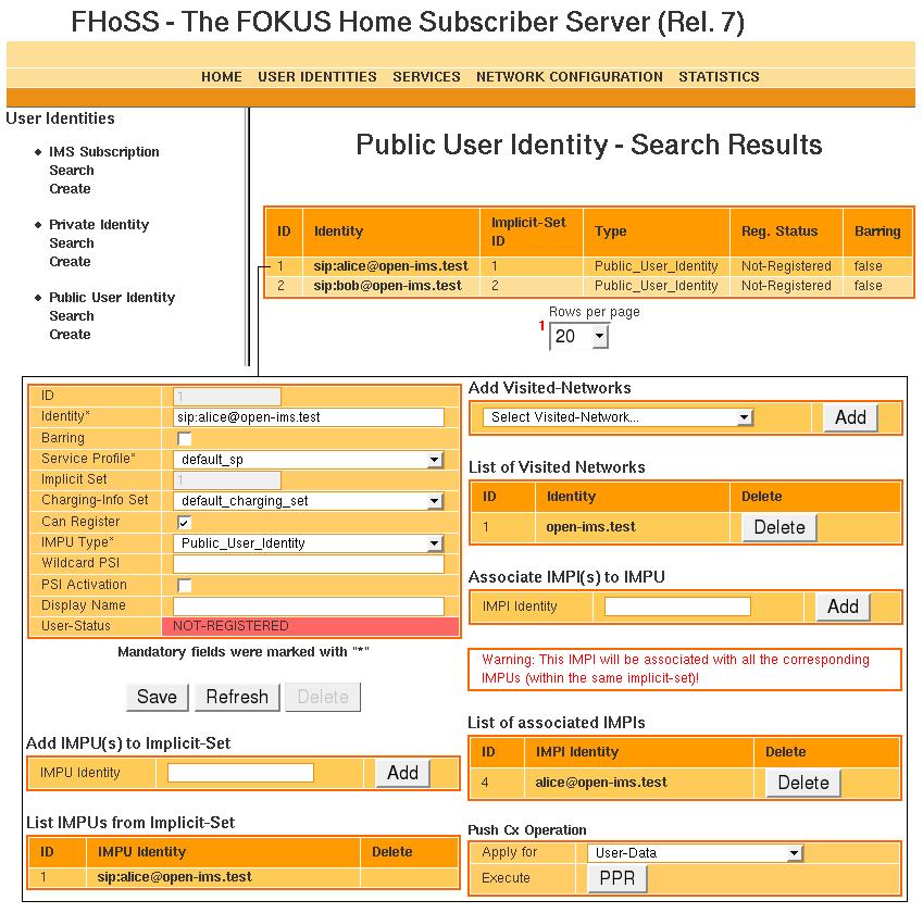 Network Configuration nastavení navštívených sítí, sad zpoplatňovacích funkcí, preferovaných S-CSCF atd. Statistics umožňuje logování činnosti HSS v informativním a debug módu Obrázek 2.