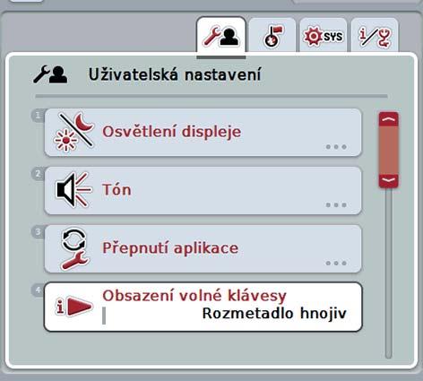 Obsluha AXENT ISOBUS 2. Vyvolejte menu Uživatelská nastavení. 1 Obrázek.2: Menu Uživatelská nastavení terminálu ISOBUS 3.
