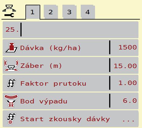 3: Přenos nastavení hnojiva z ovládání AXIS H ISOBUS [1] Typ rozmetacího disku U2 pro mechanismus k rozmetání vápna [2] Dávka [3] Záběr [] Faktor průtoku Dávka [2], záběr [3] afaktor průtoku [] jsou