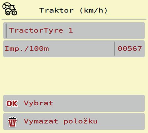 Obsluha AXENT ISOBUS Nová kalibrace signálu rychlosti: Můžete buď přepsat již existující profil, nebo obsadit profilem prázdné paměťové místo. 1. V menu Traktor (km/h) vyvolejte požadovaný profil.