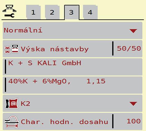 Vyvolejte menu Hlavní menu > Nastavení hnojiva. Obrázek.