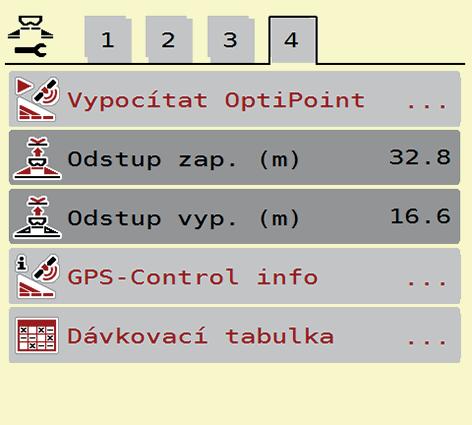 5: Menu Nastavení hnojiva, záložka 3 a Ne všechny parametry se současně zobrazují na obrazovce.