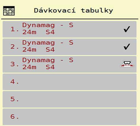 Obsluha AXIS-H ISOBUS..10 Dávkovací tabulky V tomto menu můžete vytvářet a spravovat dávkovací tabulky.
