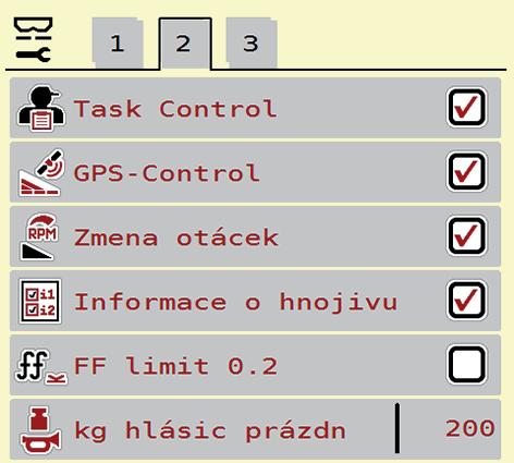 Obsluha AXIS-H ISOBUS.5 Nastavení stroje V tomto menu se provádějí nastavení pro traktor a pro stroj. Vyvolejte menu Nastavení stroje. Obrázek.
